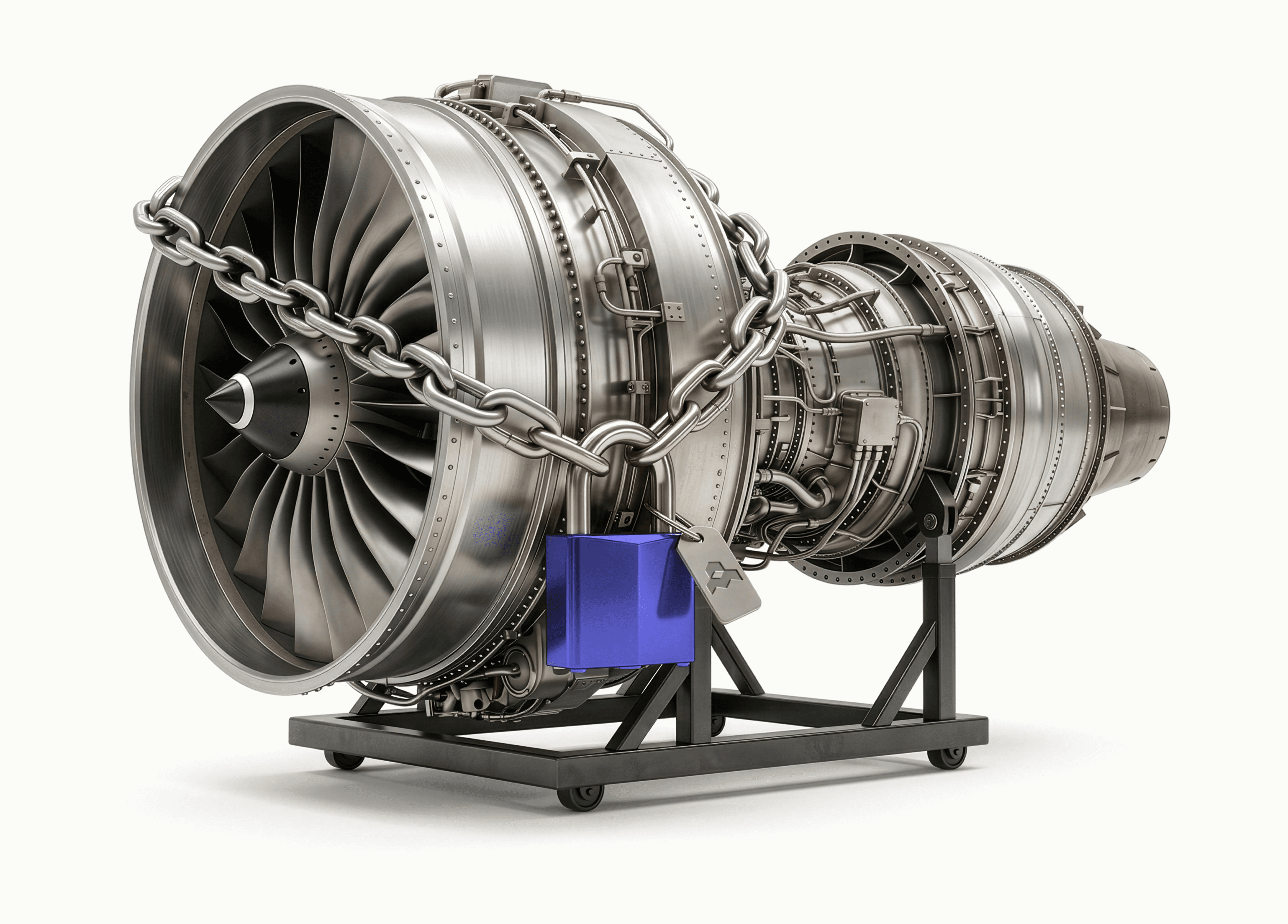 A jet engine wrapped in a chain with an Athena padlock