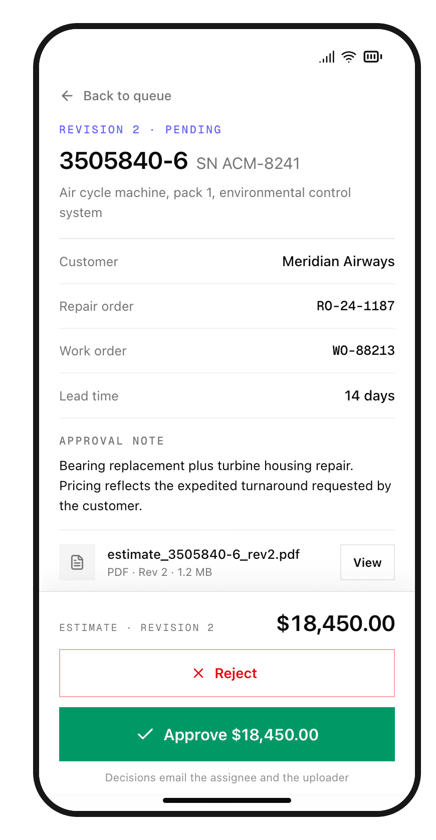 An approval request in Athena, showing a repair estimate with reject and approve actions